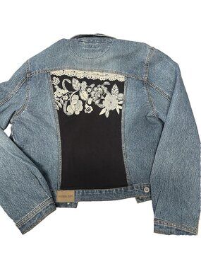 Vintage Santana Jeans Embroidered Floral Panel Denim Jacket Trucker Boho L